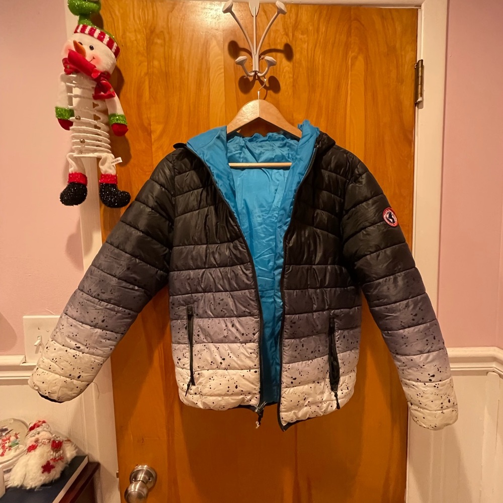 boys black, white, and blue reversible puffer jacket